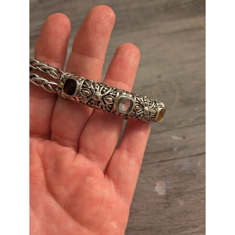 Vintage Style Filigree Cuff Bracelet Silver Tone Multi Stone Wheat Chain Boho